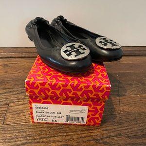 Tory Burch Womens Classic Reva Ballet Flat Leather Black/Silver 8.5 WORN 1X